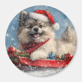 Keeshond Hond in Sledge Laat het Sneeuw Kerstmis Magneet (Voorkant)