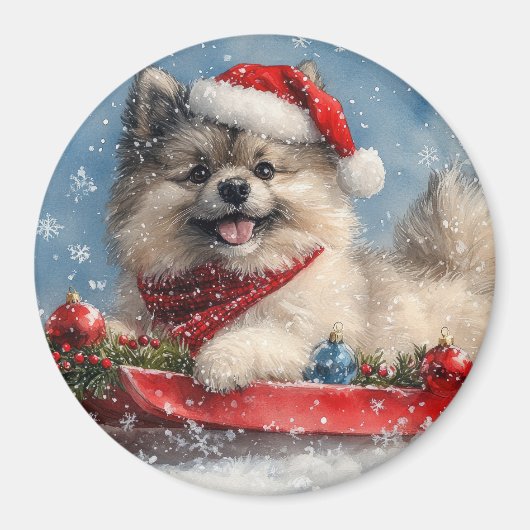 Keeshond Hond in Sledge Laat het Sneeuw Kerstmis Magneet (Voorkant)