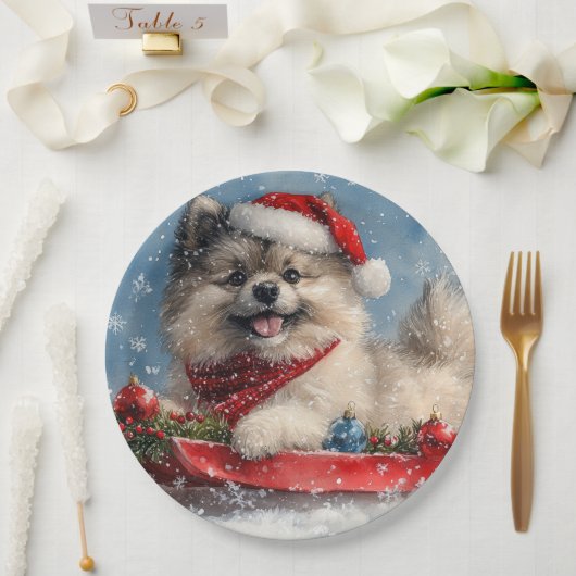 Keeshond Hond in Sledge Laat het Sneeuw Kerstmis Papieren Bordje (Huwelijk)