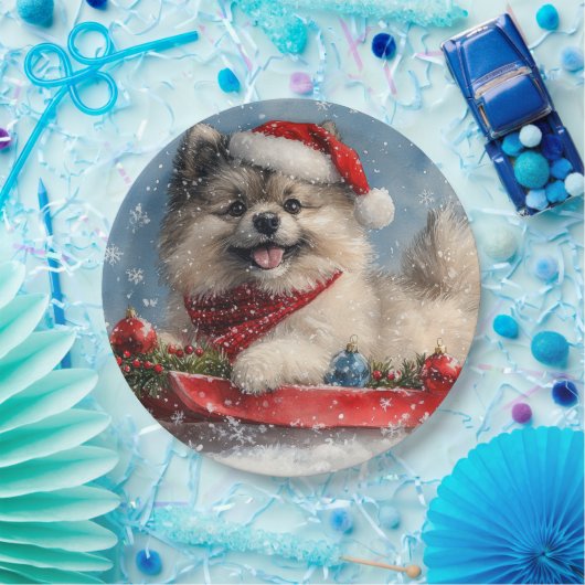 Keeshond Hond in Sledge Laat het Sneeuw Kerstmis Papieren Bordje (Feest)