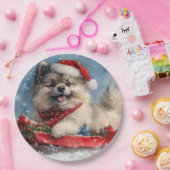 Keeshond Hond in Sledge Laat het Sneeuw Kerstmis Papieren Bordje (Feest)