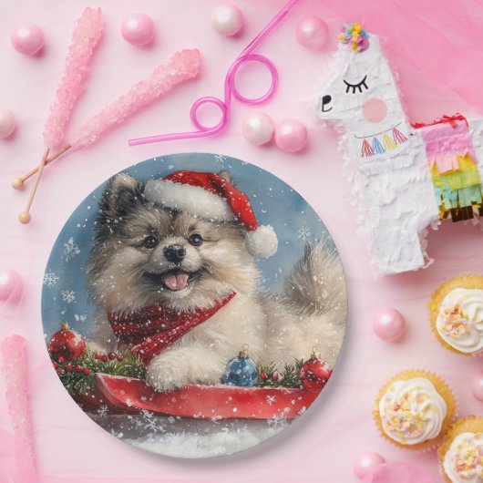 Keeshond Hond in Sledge Laat het Sneeuw Kerstmis Papieren Bordje (Feest)