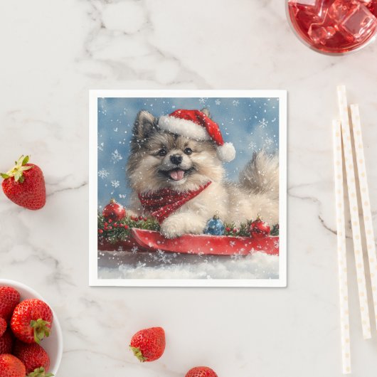 Keeshond Hond in Sledge Laat het Sneeuw Kerstmis Servet (Insitu)