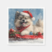 Keeshond Hond in Sledge Laat het Sneeuw Kerstmis Servet (Voorkant)