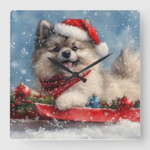 Keeshond Hond in Sledge Laat het Sneeuw Kerstmis Vierkante Klok