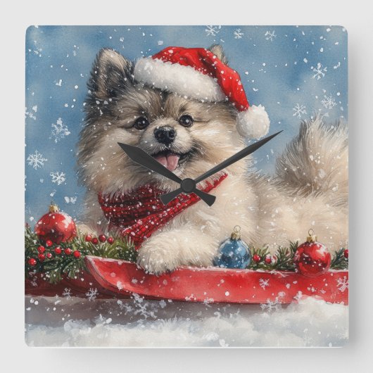 Keeshond Hond in Sledge Laat het Sneeuw Kerstmis Vierkante Klok (Voorkant)