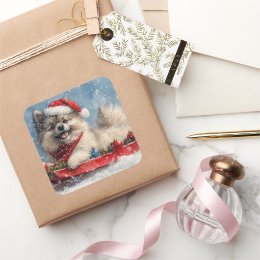 Keeshond Hond in Sledge Laat het Sneeuw Kerstmis Vierkante Sticker (Geschenken)