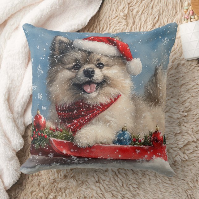 Keeshond-hond in slee Laat het sneeuwen Kerstmis Kussen (Deken)