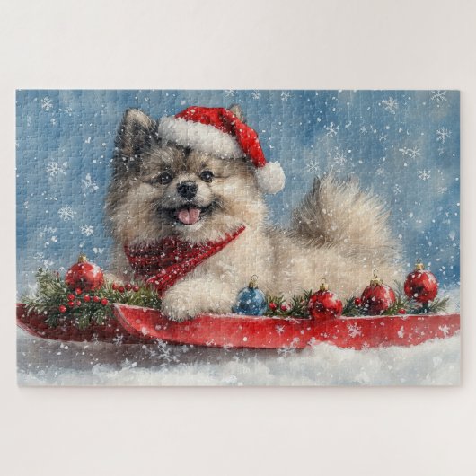 Keeshond-hond in slee Laat het sneeuwen Kerstmis Legpuzzel (Horizontaal)