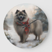 Keeshond Hond in Sneeuw Kerstmis Grote Klok (Voorkant)