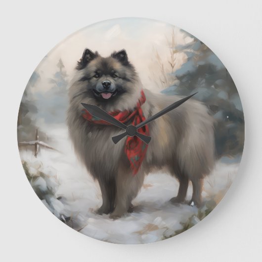 Keeshond Hond in Sneeuw Kerstmis Grote Klok (Voorkant)