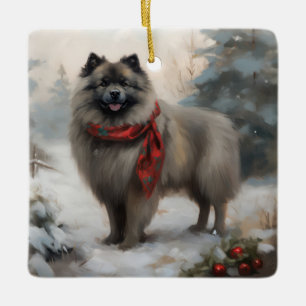 Keeshond Hond in Sneeuw Kerstmis Keramisch Ornament