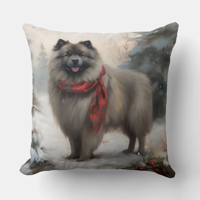 Keeshond-hond in sneeuw Kerstmis Kussen (Voorkant)