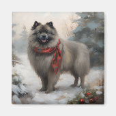 Keeshond Hond in Sneeuw Kerstmis Magneet (Voorkant)