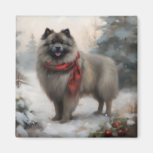Keeshond Hond in Sneeuw Kerstmis Magneet (Voorkant)