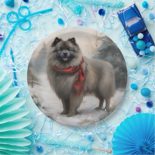 Keeshond Hond in Sneeuw Kerstmis Papieren Bordje (Feest)
