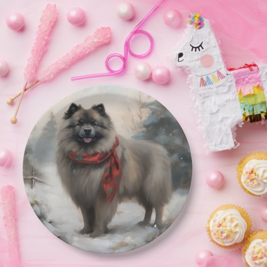 Keeshond Hond in Sneeuw Kerstmis Papieren Bordje (Feest)