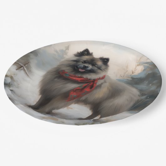Keeshond Hond in Sneeuw Kerstmis Papieren Bordje (Gekanteld)