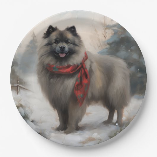 Keeshond Hond in Sneeuw Kerstmis Papieren Bordje (Voorkant)