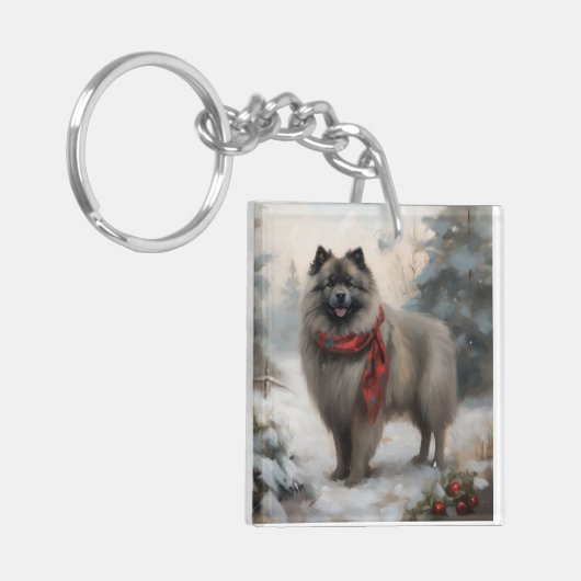 Keeshond Hond in Sneeuw Kerstmis Sleutelhanger (Voorkant Links)