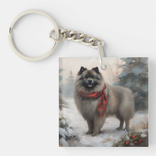 Keeshond Hond in Sneeuw Kerstmis Sleutelhanger (Voorkant)