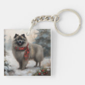 Keeshond Hond in Sneeuw Kerstmis Sleutelhanger (Achterkant)