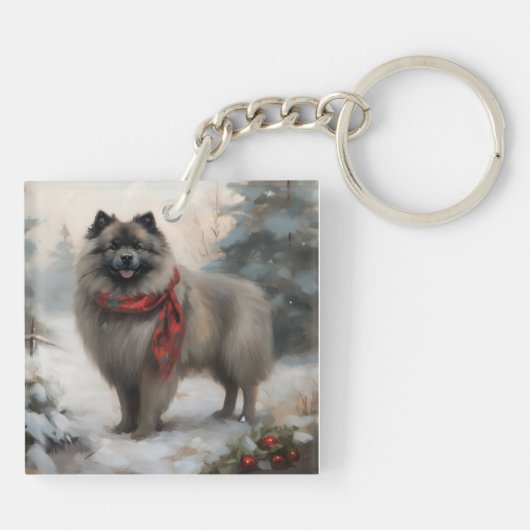 Keeshond Hond in Sneeuw Kerstmis Sleutelhanger (Achterkant)