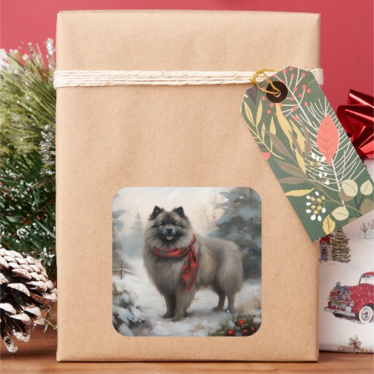 Keeshond Hond in Sneeuw Kerstmis Vierkante Sticker (Feestdagen)