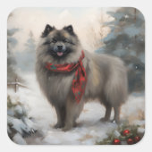 Keeshond Hond in Sneeuw Kerstmis Vierkante Sticker (Voorkant)