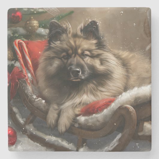 keeshond Hond Kerst Feestelijk Stenen Onderzetter (Voorkant)