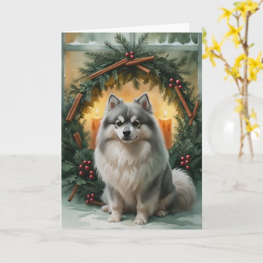 Keeshond Hond Kerst Wenskaart Kaart (Gele Bloem)