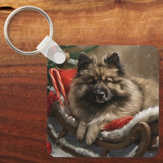 Keeshond Hond Kerstfeest Sleutelhanger (Voorkant)