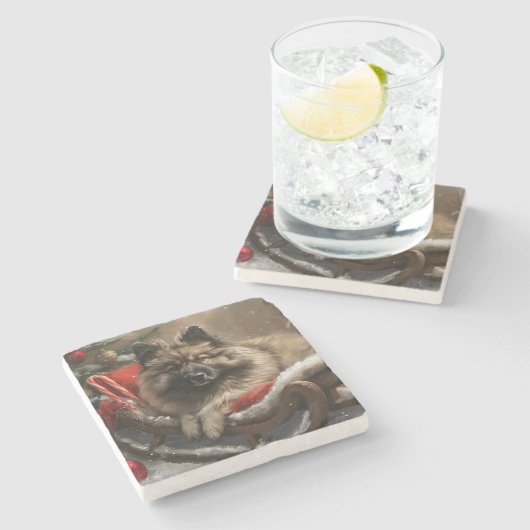 Keeshond Hond Kerstfeest Stenen Onderzetter (Zijkant)