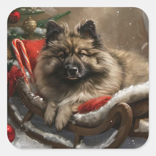 Keeshond Hond Kerstfeest Vierkante Sticker (Voorkant)