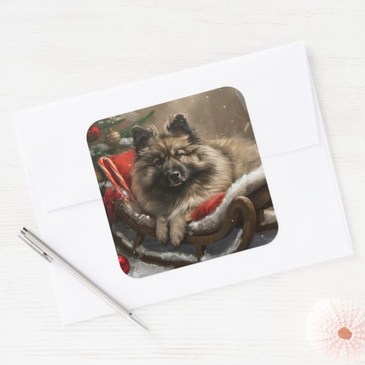 Keeshond Hond Kerstfeest Vierkante Sticker (Envelop)