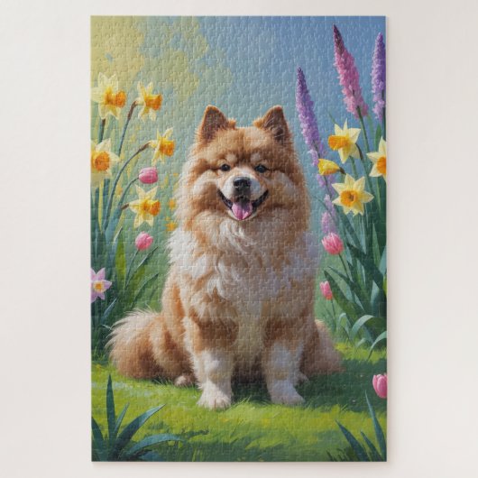 Keeshond Hond Lente Bloemen Schilderij Legpuzzel (Verticaal)