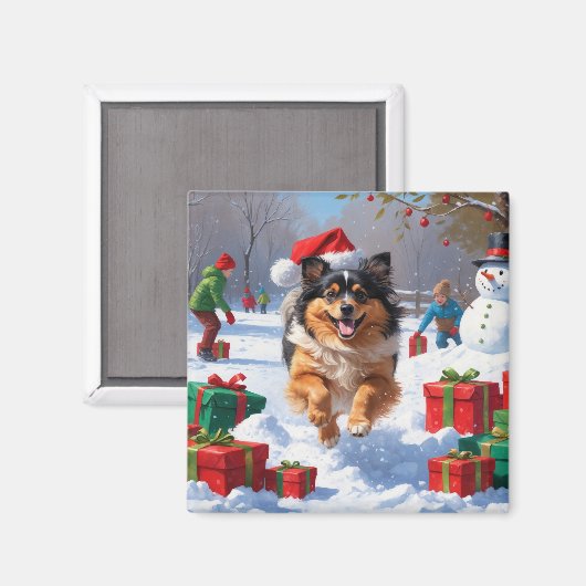Keeshond-hond loopt in de sneeuw met kerstmuts magneet (Voorkant / Achterkant)