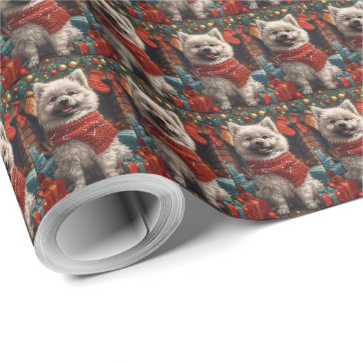 Keeshond Hond met kerstcadeaus open haard Cadeaupapier (Rol Hoek)