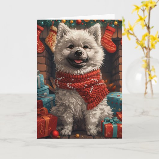 Keeshond Hond met kerstcadeaus open haard Kaart (Gele Bloem)