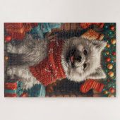 Keeshond Hond met kerstcadeaus open haard Legpuzzel (Horizontaal)