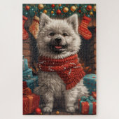 Keeshond Hond met kerstcadeaus open haard Legpuzzel (Verticaal)