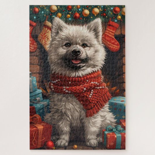 Keeshond Hond met kerstcadeaus open haard Legpuzzel (Verticaal)