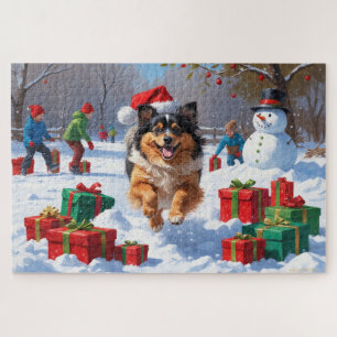 Keeshond-hond rent in de sneeuw met kerstmuts legpuzzel