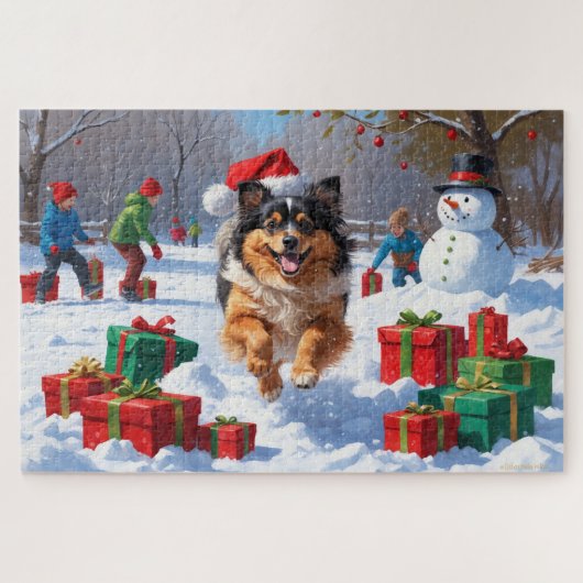 Keeshond-hond rent in de sneeuw met kerstmuts legpuzzel (Horizontaal)