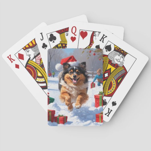 Keeshond-hond rent in de sneeuw met kerstmuts pokerkaarten (Achterkant)