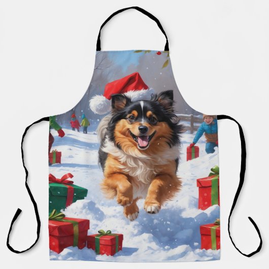 Keeshond-hond rent in de sneeuw met kerstmuts schort (Voorkant)