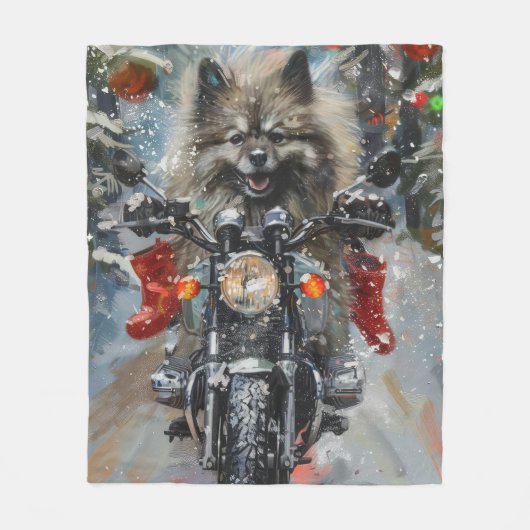 Keeshond Hond Rijden Motorfiets Kerstmis Fleece Deken (Voorkant)
