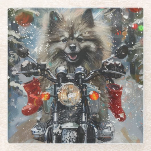 Keeshond Hond Rijden Motorfiets Kerstmis Glazen Onderzetter (Voorkant)