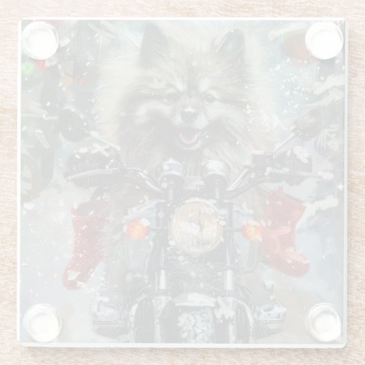 Keeshond Hond Rijden Motorfiets Kerstmis Glazen Onderzetter (Achterkant)