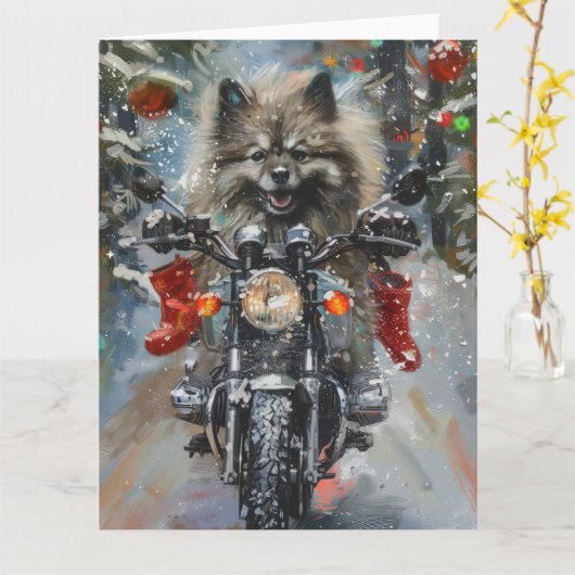 Keeshond Hond Rijden Motorfiets Kerstmis Kaart (Gele Bloem)